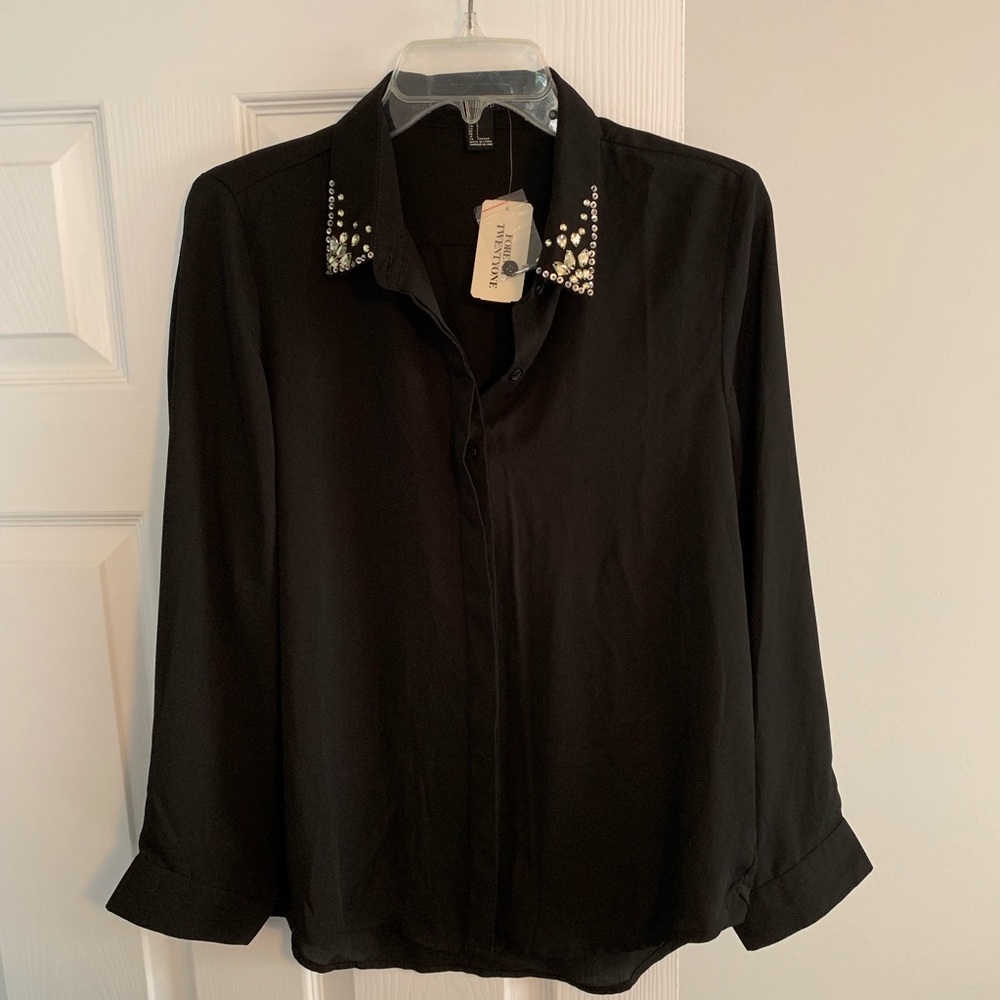 Forever 21 black blouse with embellished collar L
